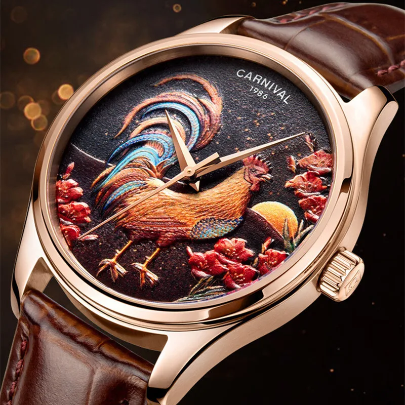 Reloj Hombre CARNIVAL Automatic Watch For Men Brand Fashion Rooster Mechanical Wristwatch Waterproof Leather Clock Montre Homme