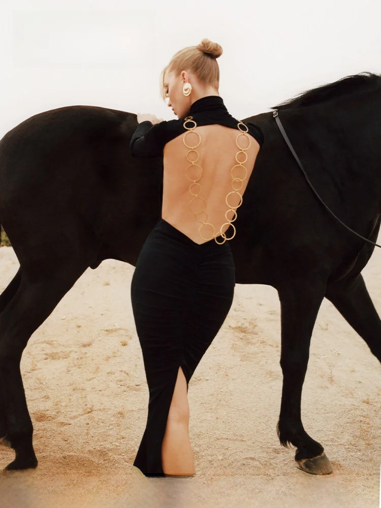 

Длинное платье Nana Jacqueline с металлическим кольцом на талии, однотонное, сексуальное, для женщин, осенний сезон, вечернее