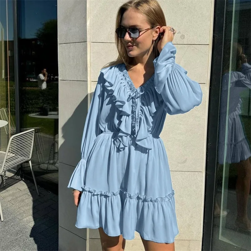 New Fashionable Ruffled V-neck Lace Up Party Dress Pleated Trumpet Long Sleeved Prom White Spring Women's Fluffy A-line Skirt