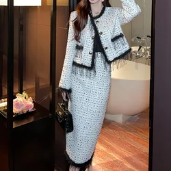 High quality 2 Piece Sets Women Plaid Tweed Long Sleeve Tassel Jacket Coat + High Waist Long Skirt Female Elegant OL Outfits