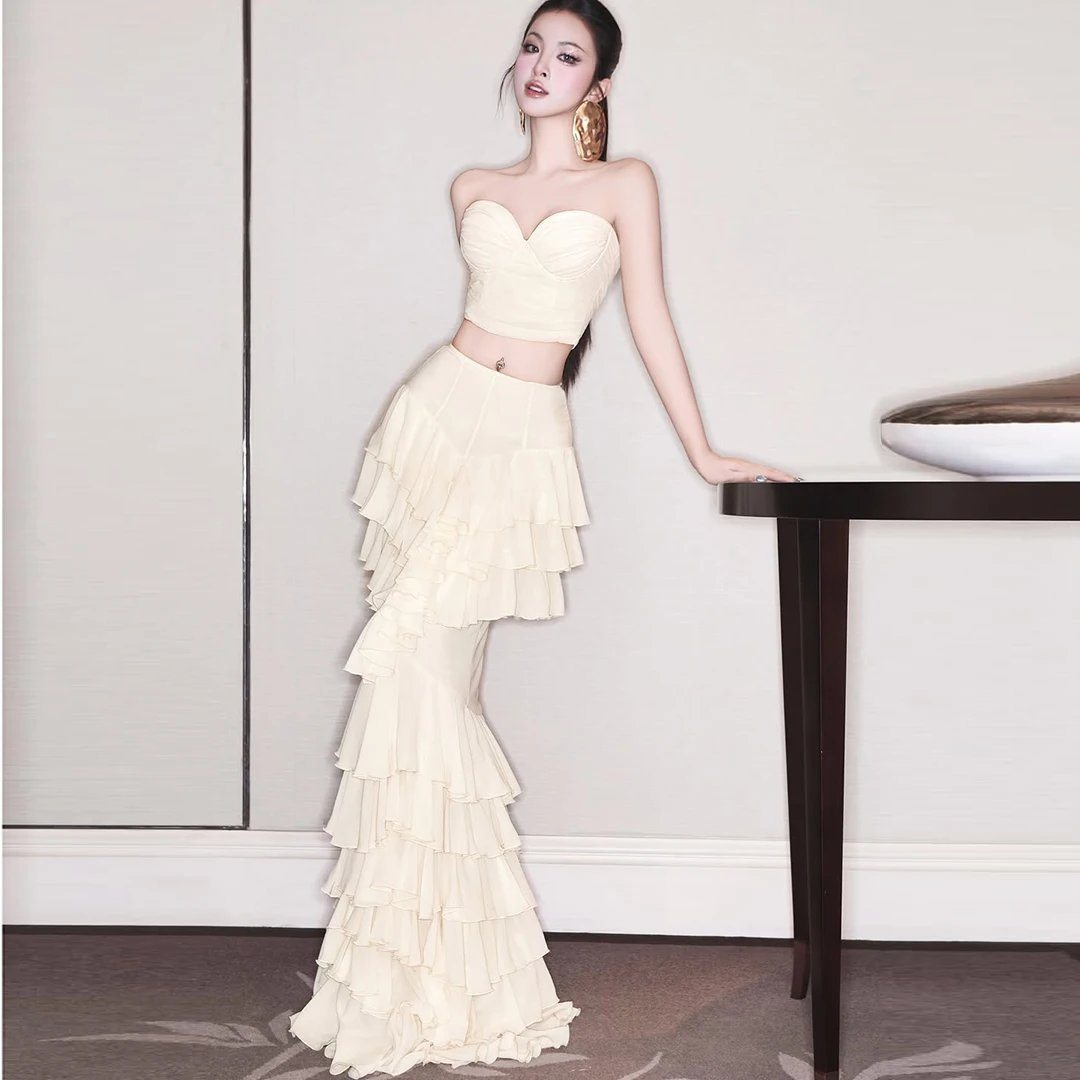 

Модная накладная юбка цвета слоновой кости для официальных мероприятий и свадебных мероприятий Элегантная длинная многоярусная шифоновая вечерняя юбка русалки스커트