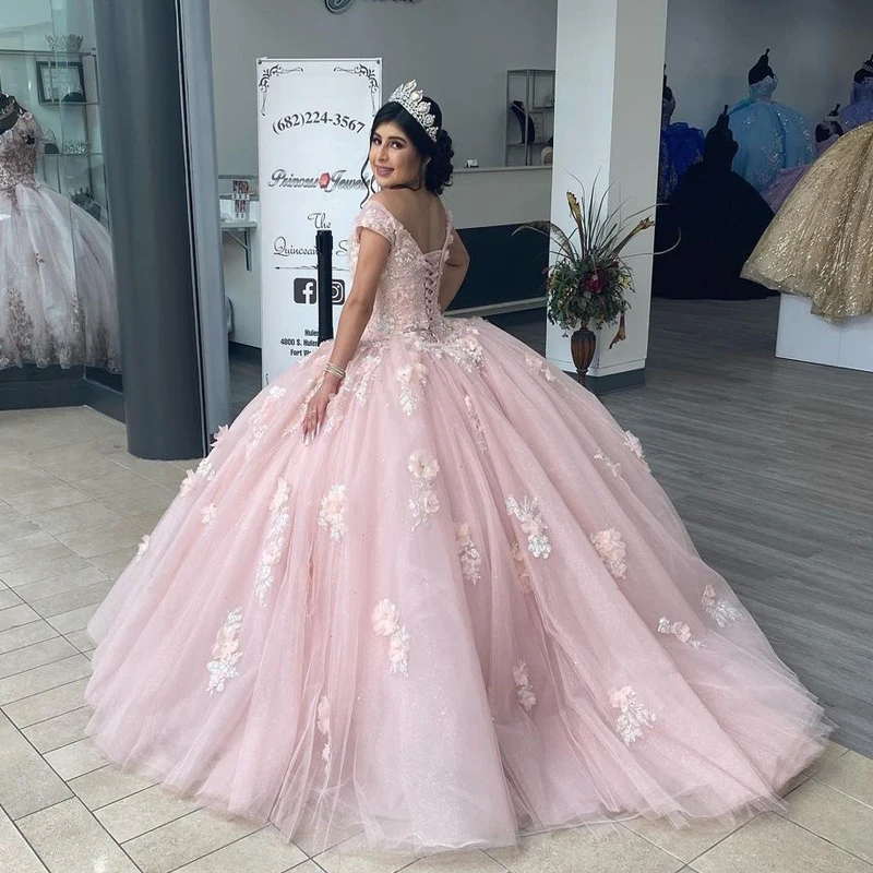 Angelsbridep Licht Roze Applicaties Off Shoulder V-hals Baljurk Quinceanera Jurken Sweet 16 Girl Party Jurk Vestido De 15 Anos