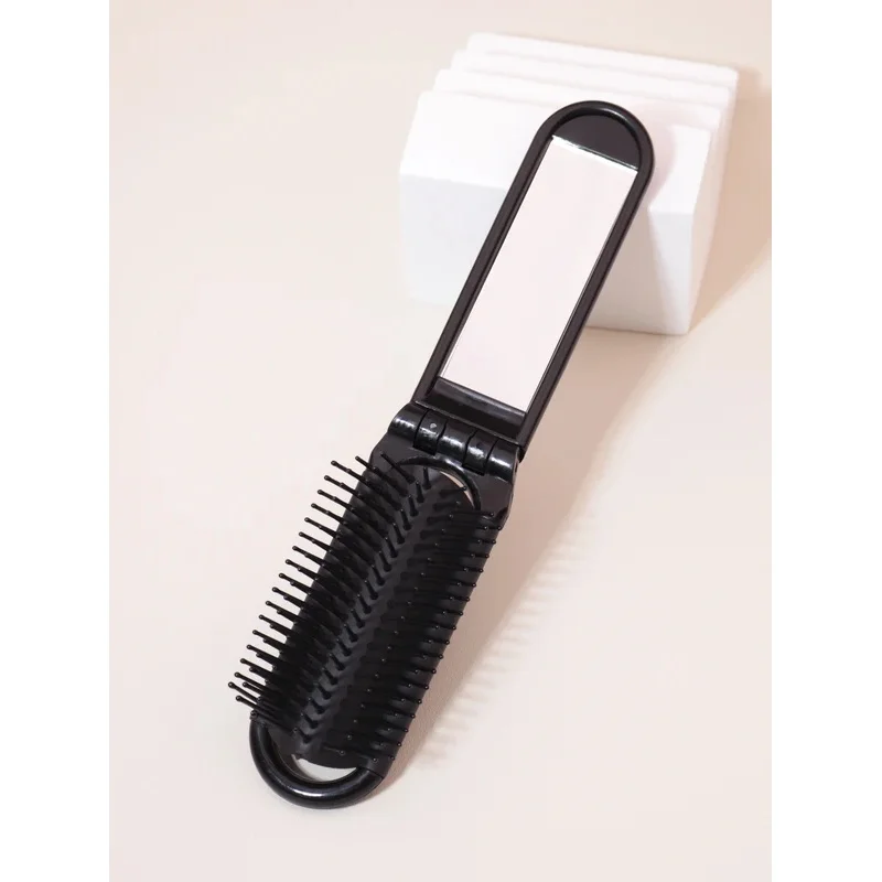 1pc Folding Travel Mirror Hair Brush, Portable Mini Massage Hair Brush, Suitable for Outings, Special for Real Hair Wigs