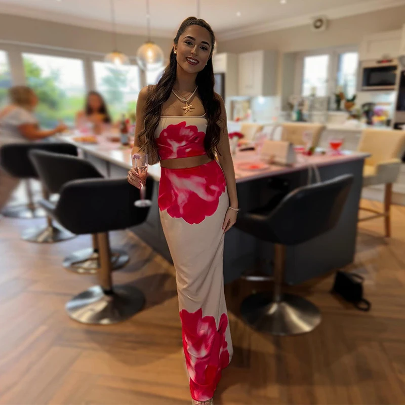 2024 صيف جديد عصري زهرة مطبوعة بلا أكمام حزام مع مكشوف السري فستان طويل مجموعة المرأة #4