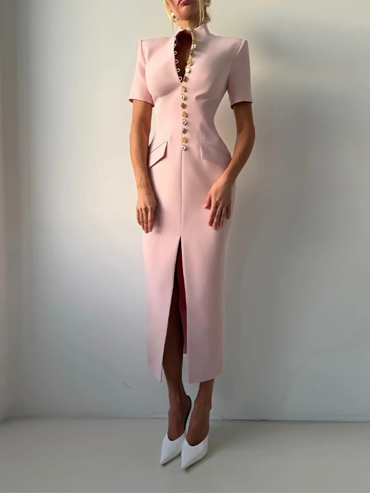 Tief Ausgeschnittenes Kurzarm-Kleid mit Taillenschnürung Langes Damenkleid Sexy Einreihiges Einfarbiges Schlankes Party-Abendkleid Schickes Damenkleid Vestido – Detail 13