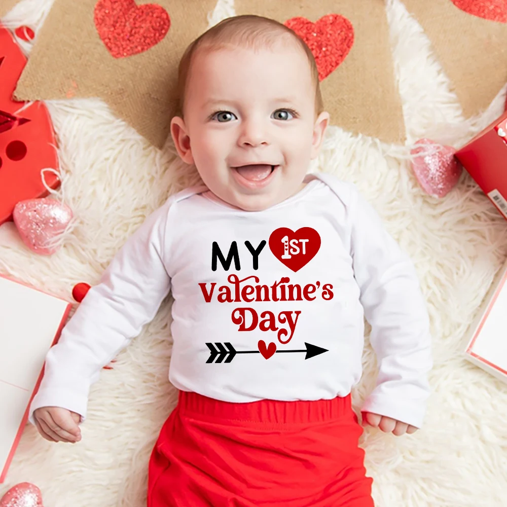 

My 1st Valentine's Day Printed Baby Bodysuit Valientine Party Newborn Outfit Romper Infant Long Sleeve Clothes Toddler Jumpsuits