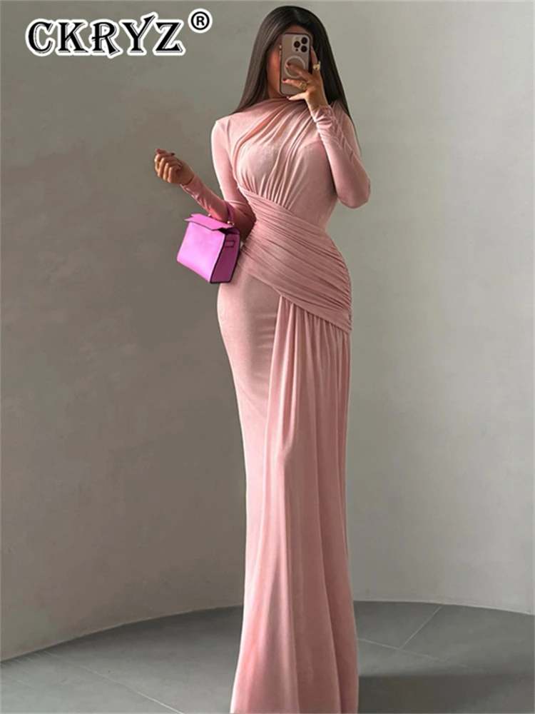 

Ladies Ruched Elegant Long Dress Woman Autumn Trend O-Neck Full Sleeve Skinny Stretch Street Y2K Casual Style Classic Vestidos