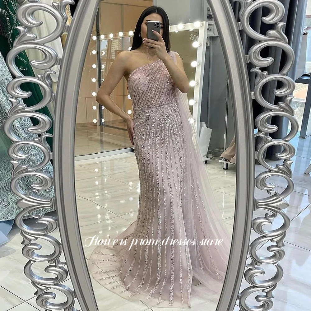 Vestido de fiesta de línea A con flores, vestido de fiesta de un hombro con cuentas, vestido de fiesta de Gala de noche, vestidos de fiesta personalizados con lentejuelas para mujer