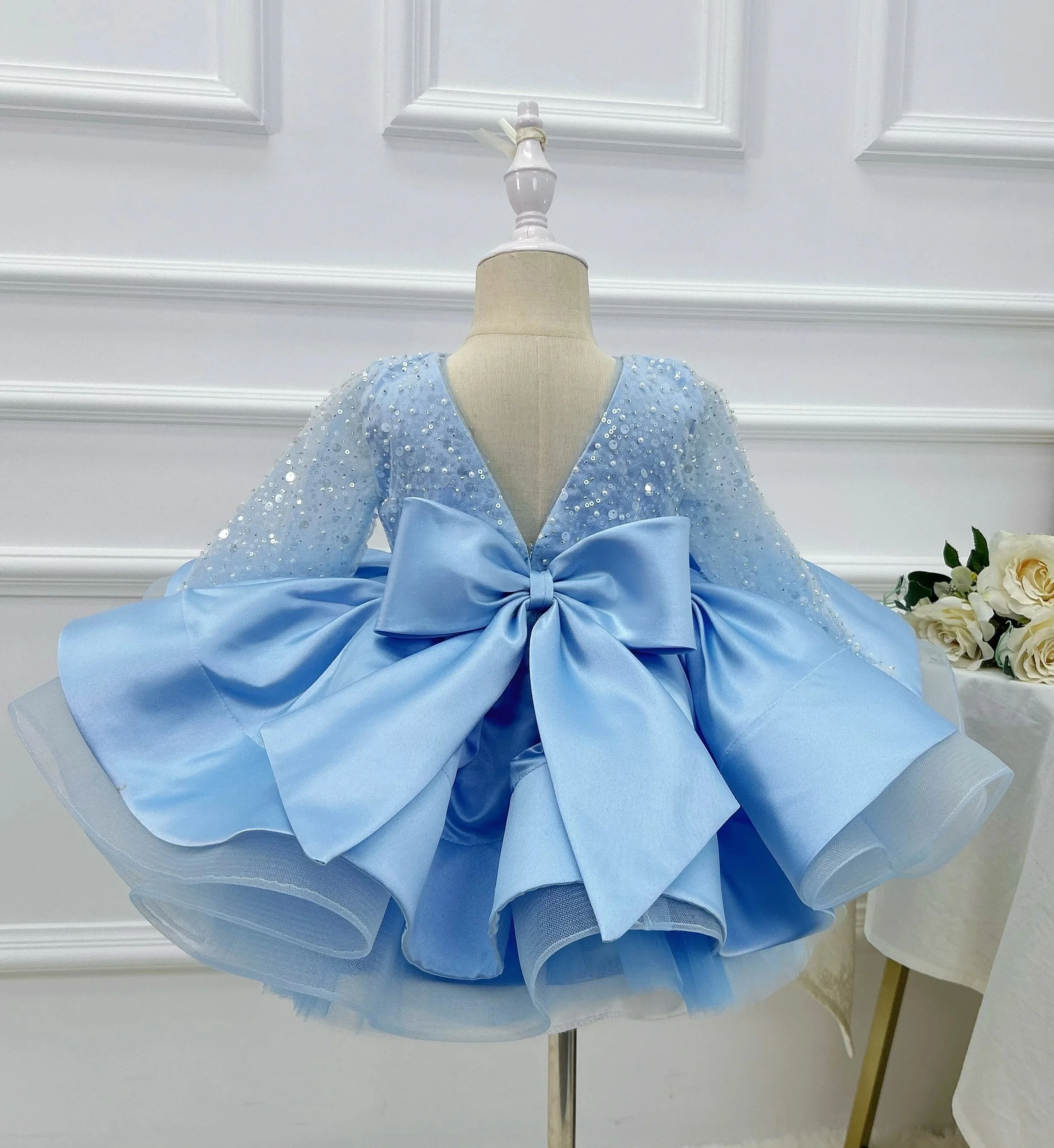 Custom Light Luxury Dress Women Wedding Guest Gown Girls Wedding Gown Birthday Party Pageant Runway Long Sleeve Sequin Satin