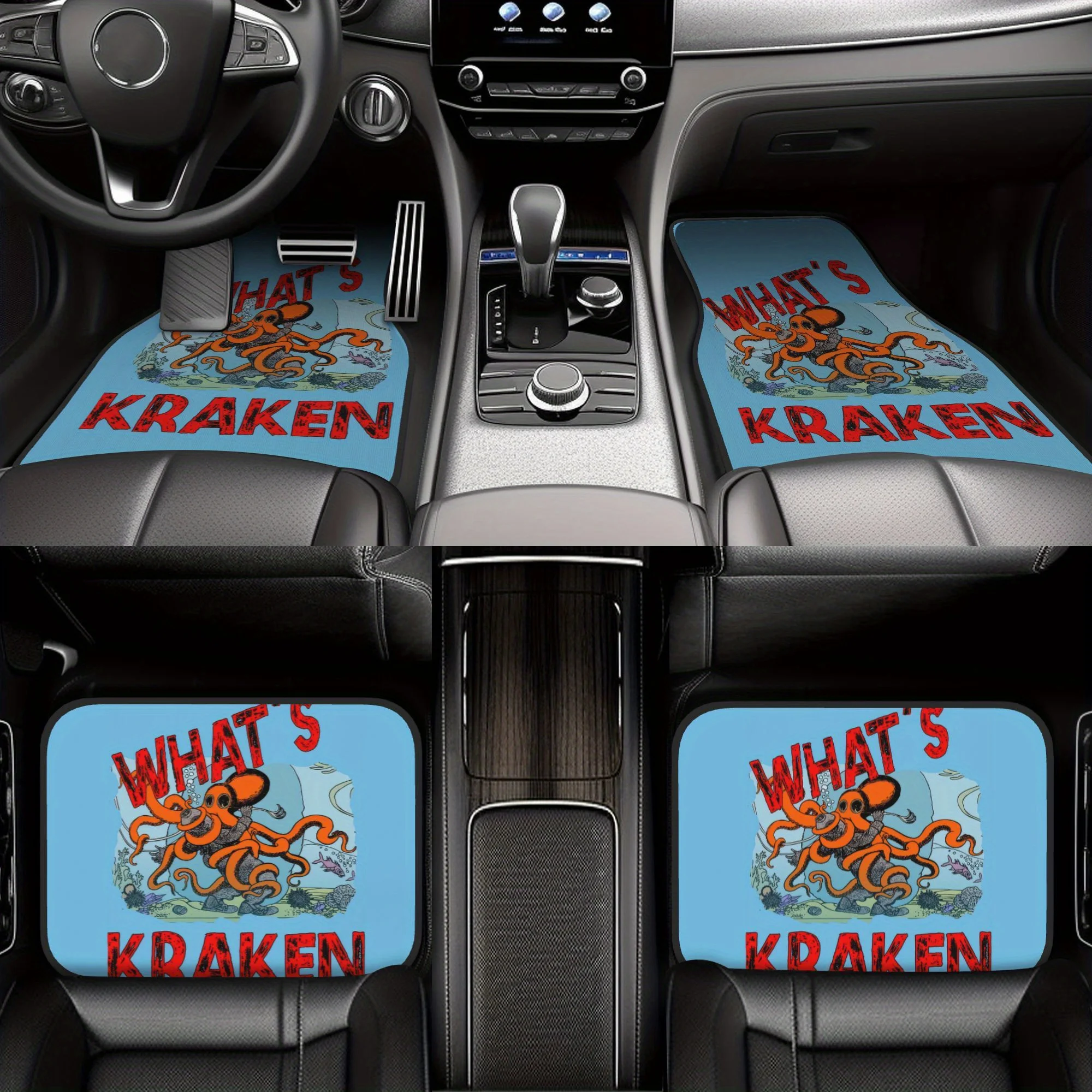 4pcs What's Kraken(85) Sea Monster Octopus Whats Kraken Car Floor Mats,Durable Polyester Fiber,Fit For Cars,Ideal Gift, Vehicle