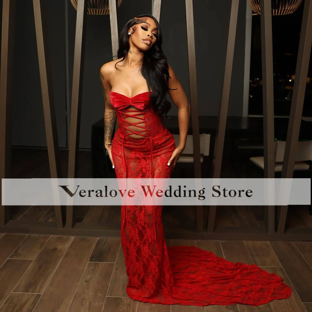 Customized Sexy Red Lace Prom Dress For Black Girls 2024 Sweetheart Mermaid Party Gowns See Through Vestidos De Graduación