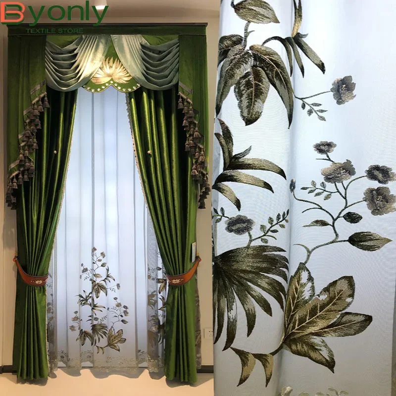 

American Vintage Curtains for Living Room High-end Embroidered Gauze Curtain Shade Velvet Light Luxury Bay Window Finished