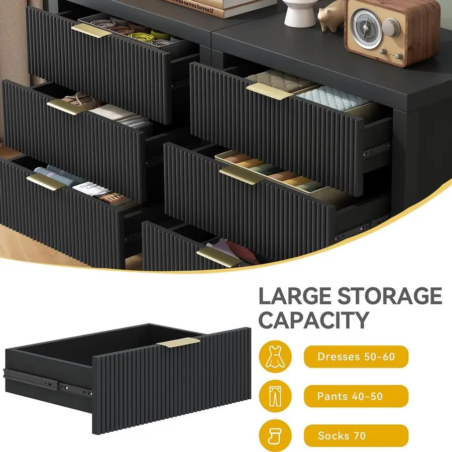 引き出し付きドレッサー、モダンな木製収納チェスト、波形パネル付きオーガナイザー、幅広の引き出しと金色の溝付きドレッサー