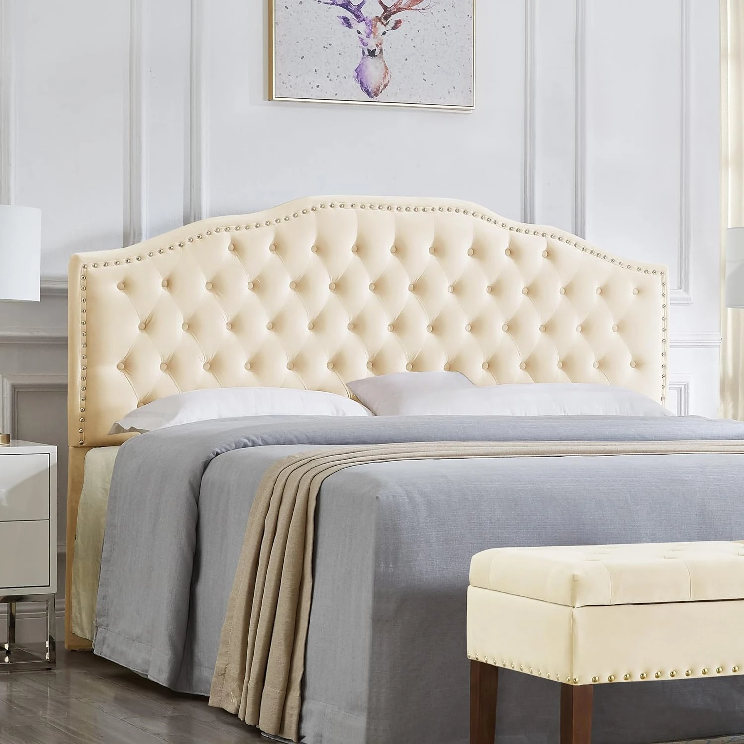 Upholstered Button Tufted King Headboard with Nailhead Trim, Soft Velvet Fabric Headboard King/King 6031-K-Cream