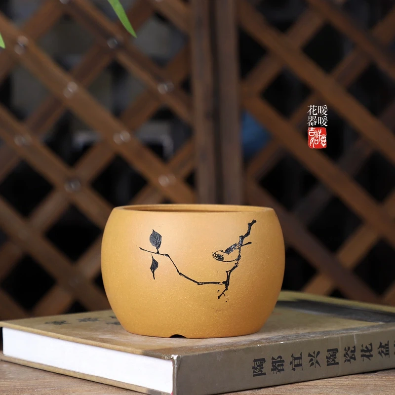 Round Circle Bonsai Pot, Purple Sand, Chinese Carved Bird Pattern, Home Room, Table, Garden Decoration