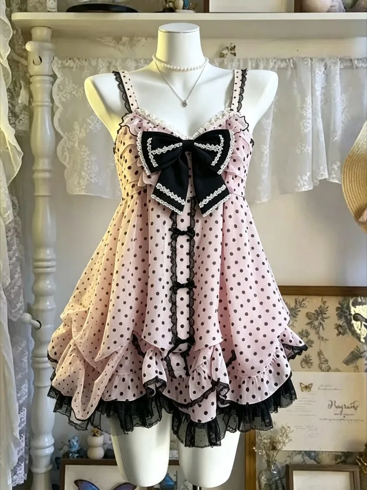 Japanischer Kawaii-Stil Süßes Spitzen-Schleifenkleid für Damen Vintage Rüschen-Tüllkleid Harajuku Y2k Schlankes Bandage-Kleid Sommer 2026