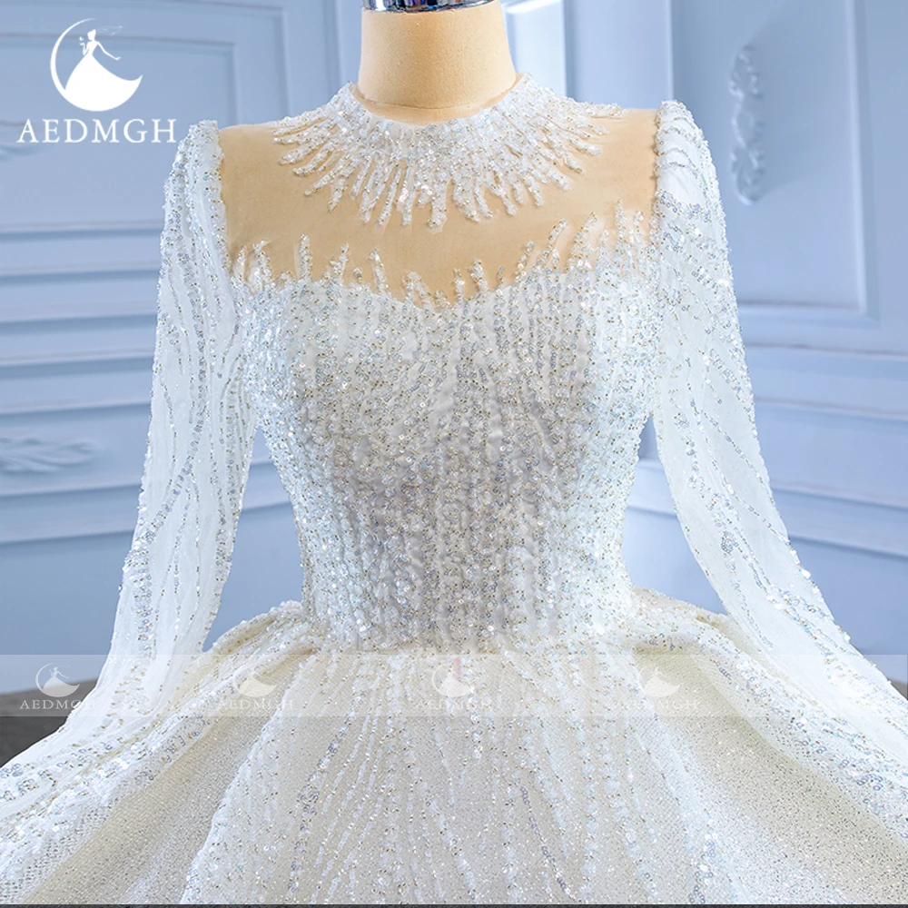 Aedmgh Ball Gown Princess Wedding Dresses High Neck Long Sleeve Vestido De Novia Lace Sequined Luxury Custom Made Bridal Gown