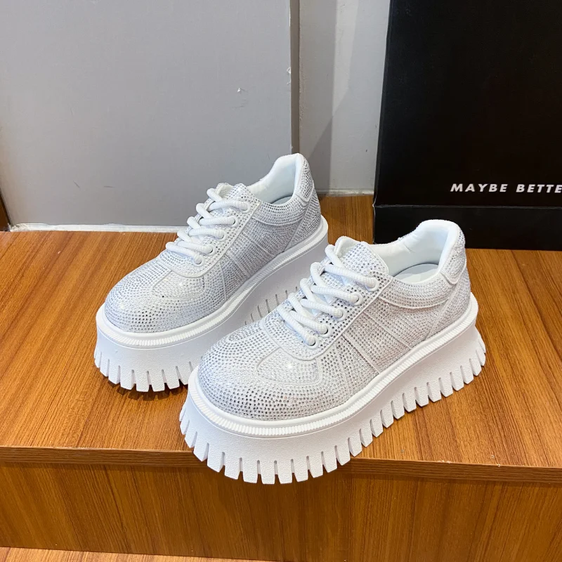 

Women Platform Shoes Crystal Thick-soled White Luxury Shoes Shining Crystal Sneakers Trend Casual Sneakers Flat Casual Shoes