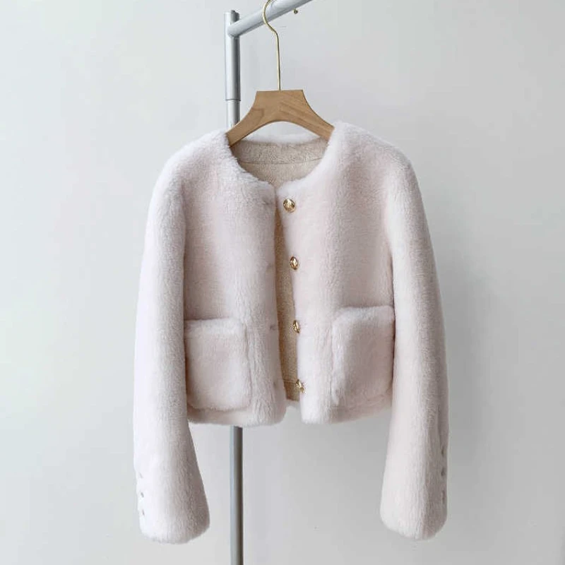 Jaqueta de pele de carneiro genuína feminina, Casacos de Inverno Shearling, Pele de Cordeiro Real, O-pescoço, Sobretudo Natural, G152