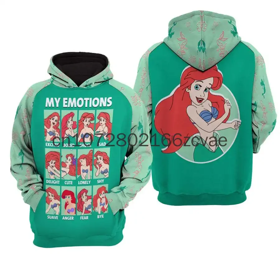 2024 New Disney Ariel Princess Hoodie 3D Printed Casual Fashion Street Y2K Men's and Women's Zipper Hoodie