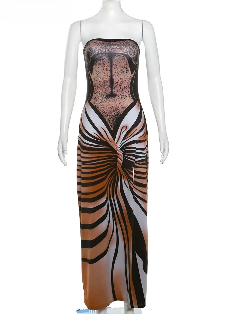 Strapless Women Sexy Dress Aesthetic Striped Print Sleeveless Peach Hip Midnight Club Streetwear Bodycon Vestidos