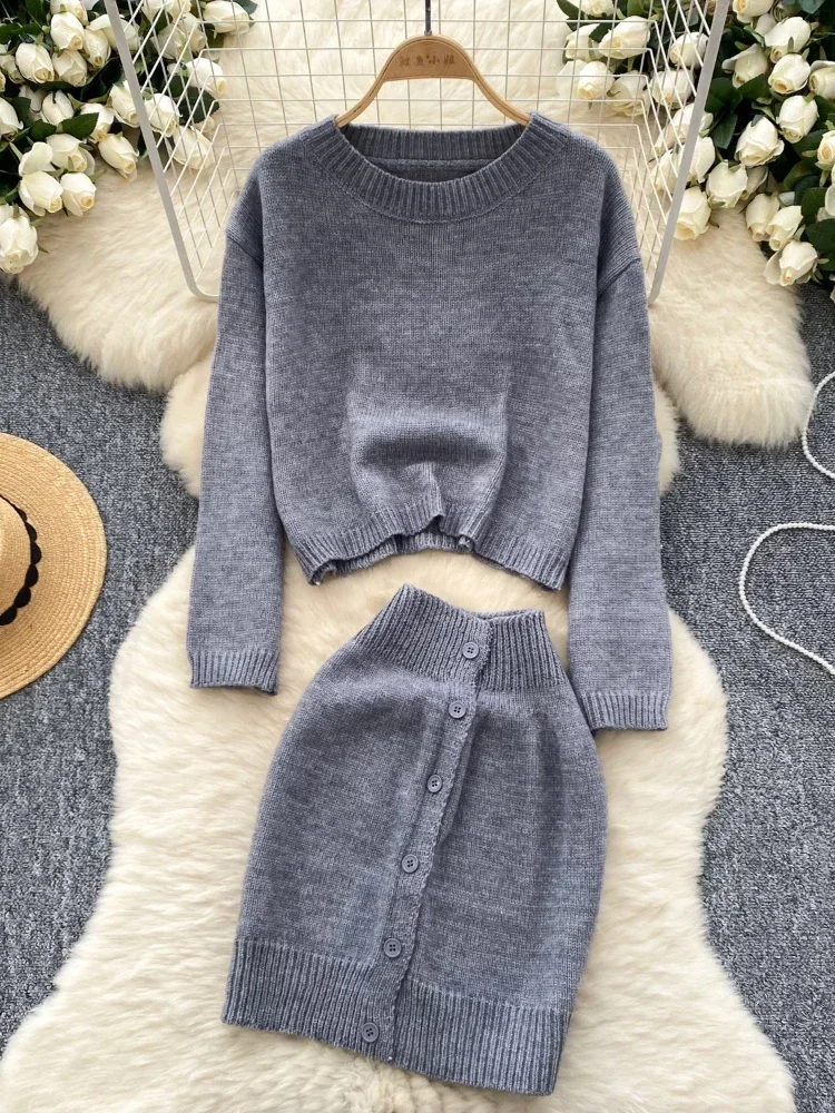 Autumn Casual Warm Sweater Suits Women Long Sleeves Loose Pullover+Buttons Design Short Skirt Office Lady Knitted 2 Piece Set