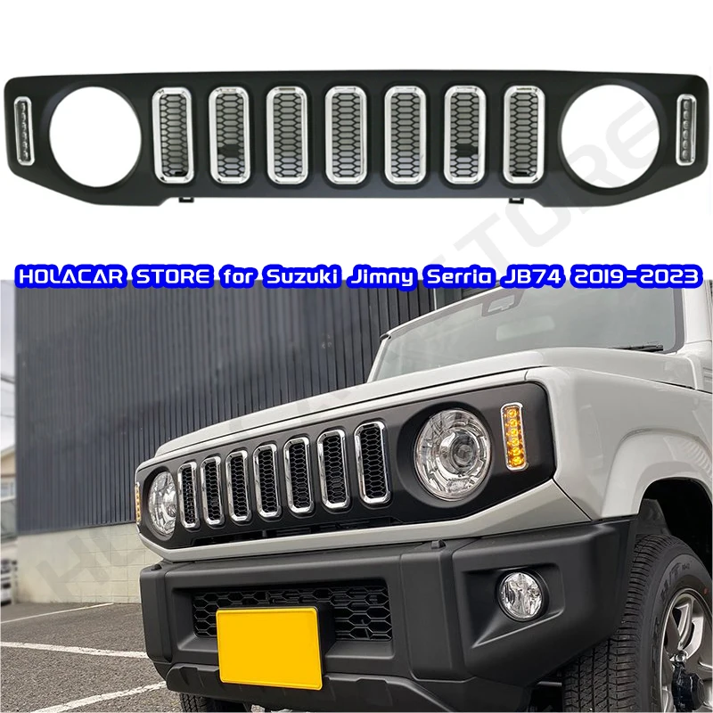 Front Grill Racing with LED Lamps for Suzuki Jimny JB64 JB74 2019 2020 2021 2023 Car Kidney Grille Mesh Grille Cover Accessories