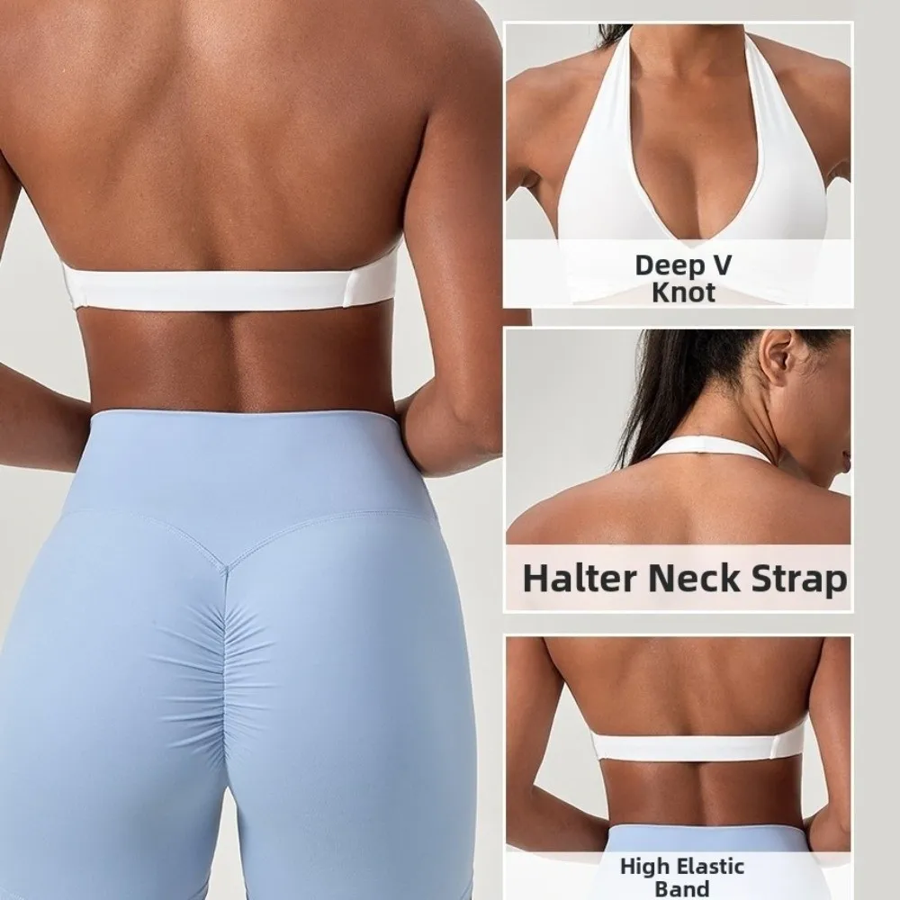 Quick Dry Sports Bra Breathable Skin-friendly Push Up Bra Removable Padded Halter Backless Design Fitness Bra for Yoga Practice