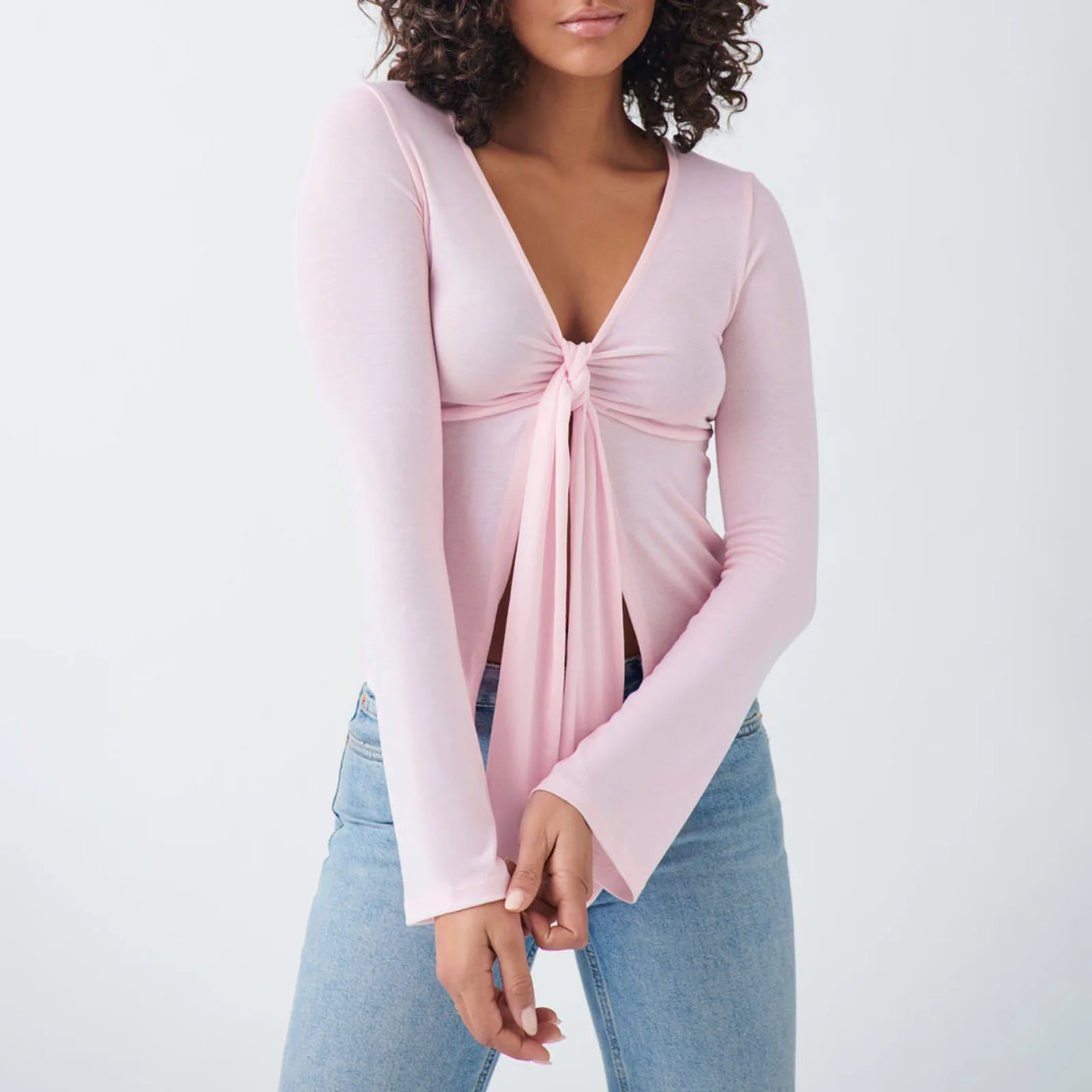 2026 Women Tie Up Shirts Long Sleeve Y2k Twist Fitted Crop Tees Sexy V Neck Tie Front Dressy Top Elegant Streetwear