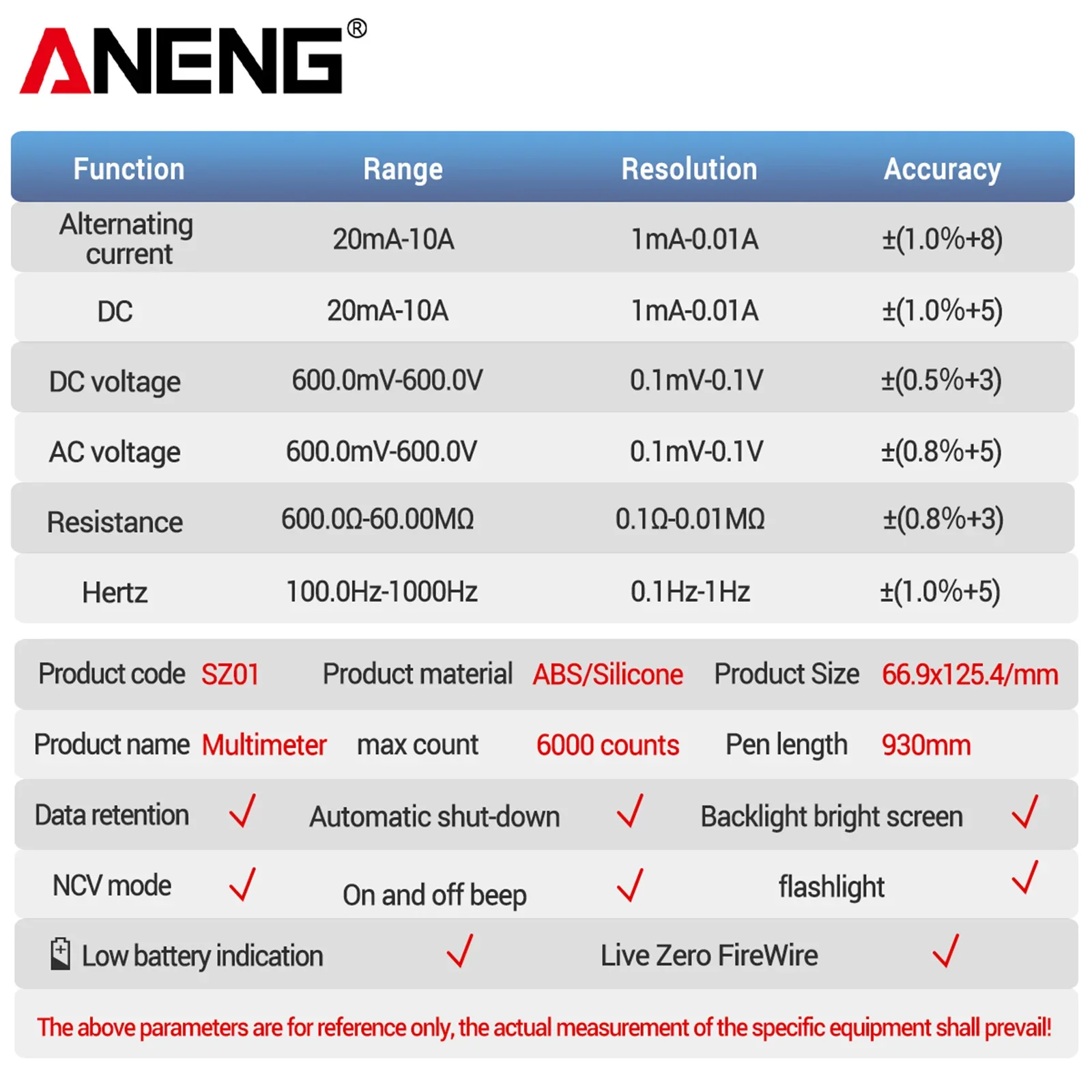 ANENG SZ01 Intelligent Multimeter NCV Zero Wire Wire Recognition On/Off Beep Backlight Screen Flashlight Electrician Multi meter