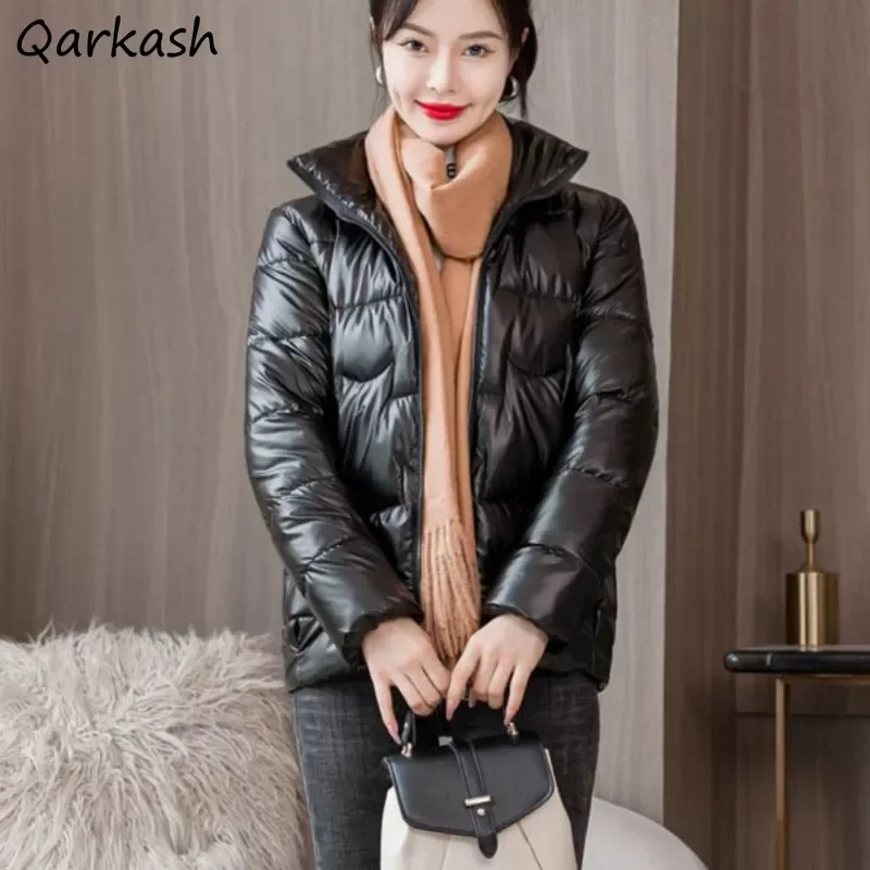 Parkas grossas e monocromáticas para mulheres, gola alta, casacos quentes aconchegantes, estilo coreano, outwear prevalente Ulzzang, casual ins, inverno