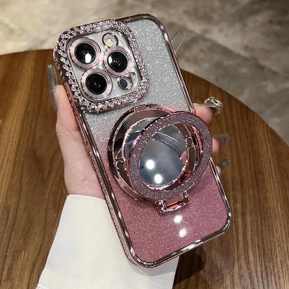 Luxury Glitter Make Up Mirror Magnetic Stand Phone Case For iPhone 15 14 13 12 11 Pro Max Bling Gradient Plating Diamond Cover