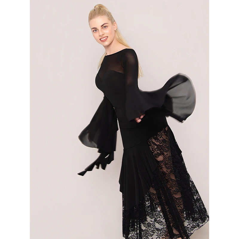Black Flower Armbands Women Ballroom Dance Performance Accessories Waltz Dance Costume Competition Wear Floating Sleeves BL18559