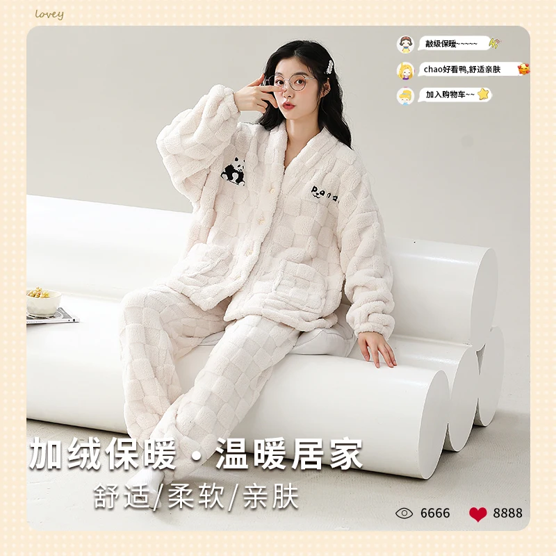 Casual Sleep for Women Fashion Cardigan Long Sleeve Lounge V Neck 2024 Winter Warm Pajama Set Young Girl Coral Fleece Nightwear