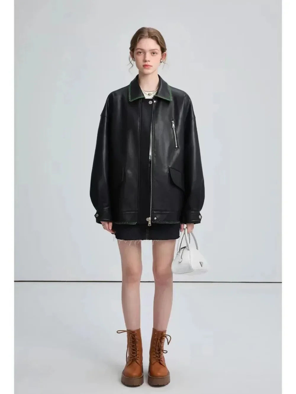Pop New PU Leather Jacket Minimalist Leather Jacket For Women's 2025 Spring Autumn Motorcycle Style Racer Coats Casual