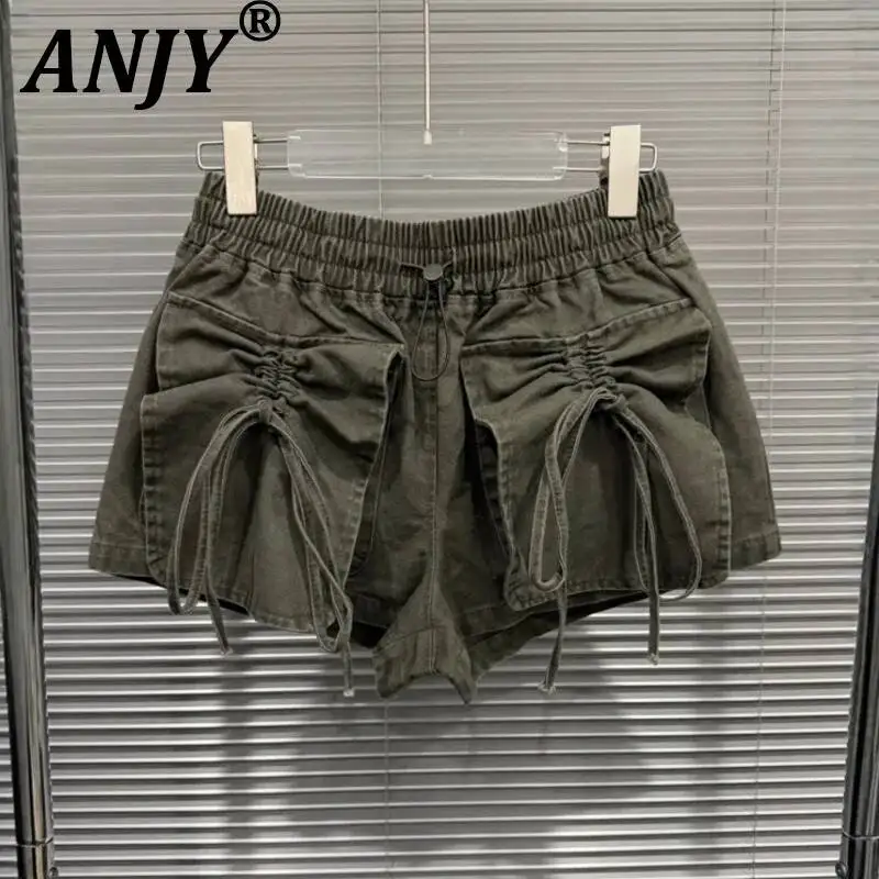 

ANJY Summer New Women Korean Style Slim Safari Style Patchwork Elastic Waist Denim Short Niche Design Lace-Up Trend Jeans A23568