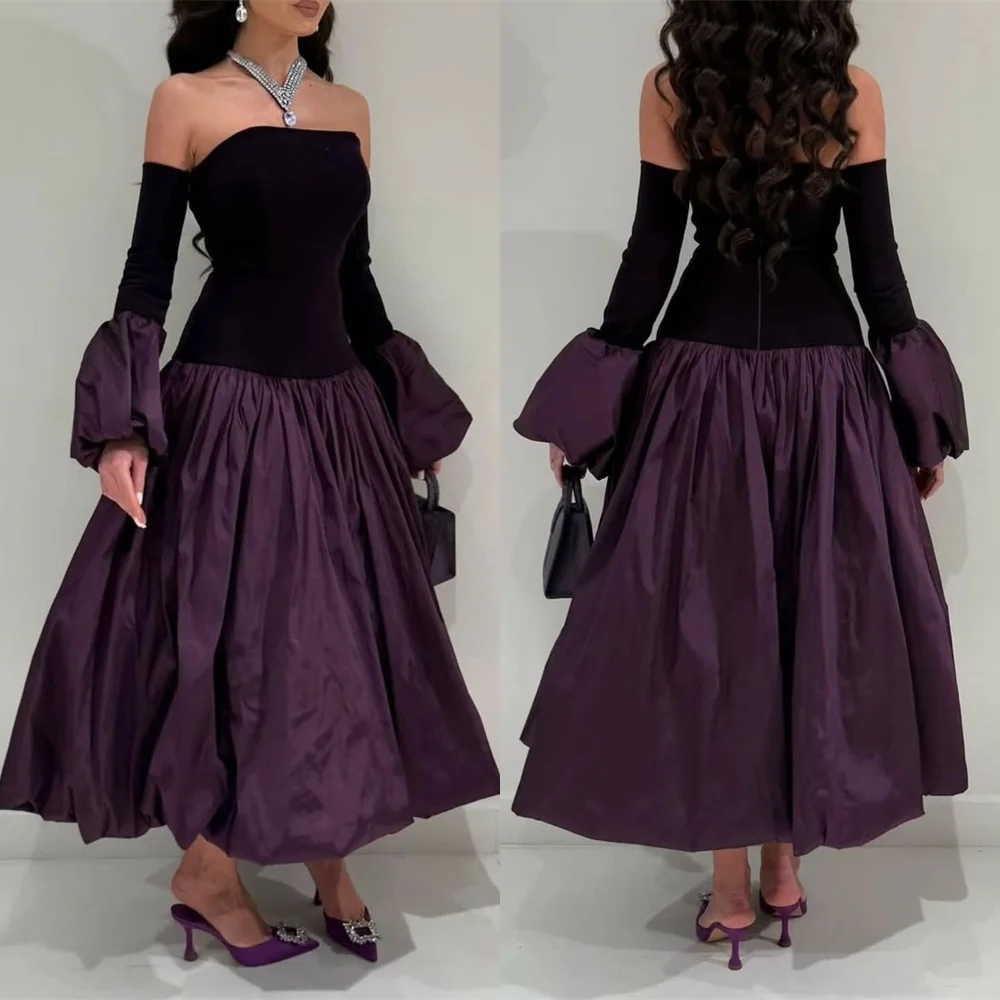 Customized Purple Jersey Evening Dress Exquisite Strapless Detachable Sleeve Homecoming Dress Classic Zipper Back Cocktail Dress