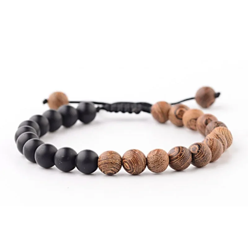 1 Piece 8mm Men Vintage Wood Beaded Bracelet Black Frosted Stone Adjustable Hand String For Women Fashion Jewelry Couple