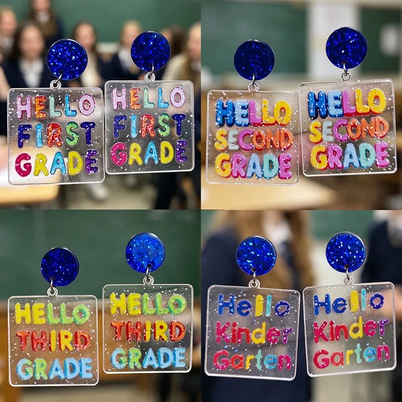 New Colored Grade Letter Shiny Acrylic Blue Stud Earrings for Kindergarten to Fifth Grades Back to School Earrings