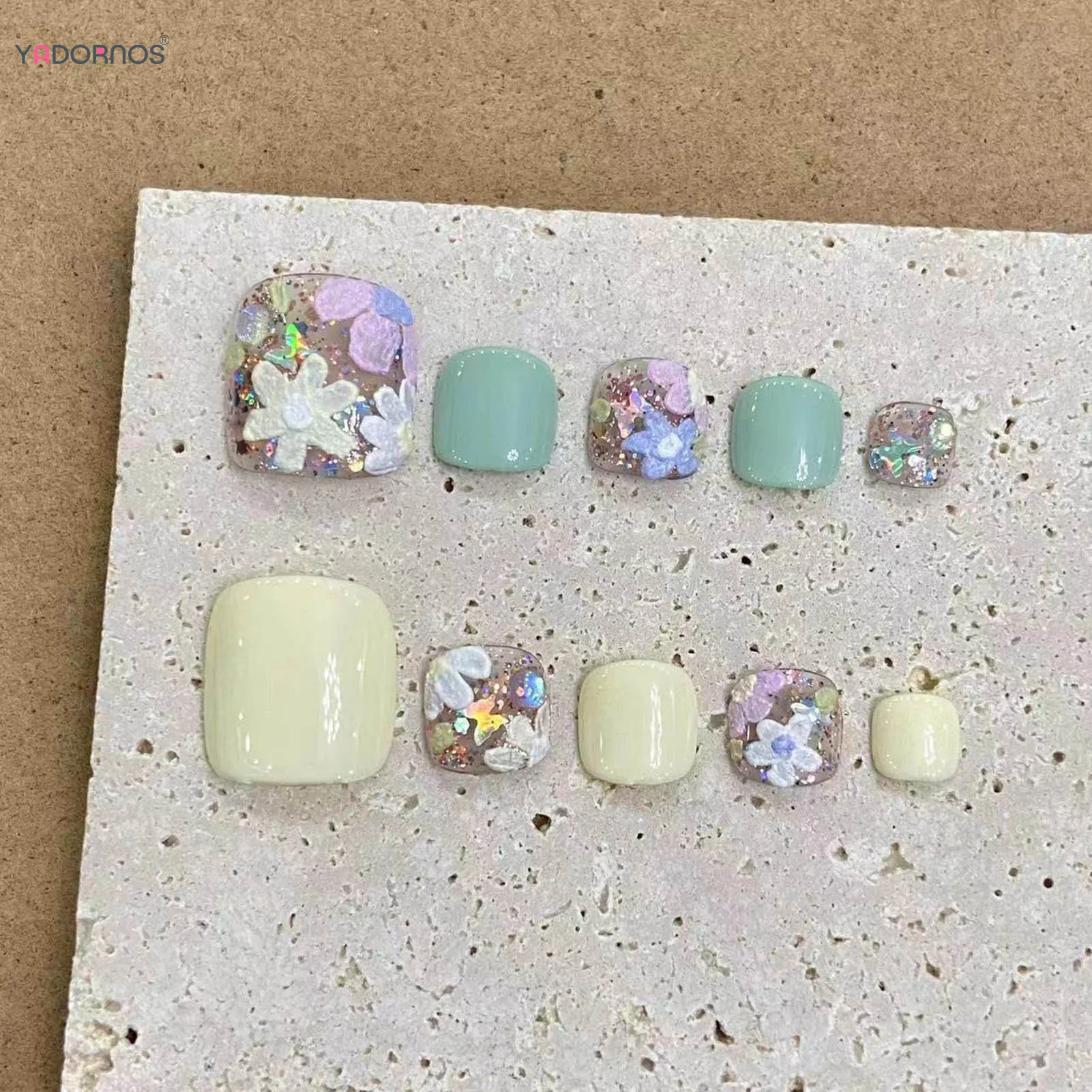 

Handmade Press on Toe Nails Cute Flower Designs Summer Fake Toenails for Women Girls Foot Decor Charms False Nails Tips 10Pcs