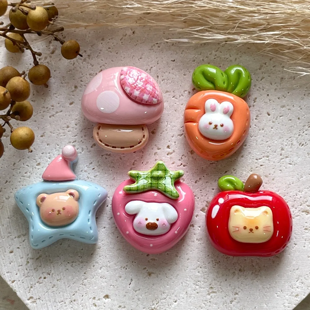 5/10/15/20PCS Mixed Cute Animal Head Resin Charms Flatback Fruit Vegetable Strawberry Apple Carrot Mushroom Bear Cat Dog Rabbit