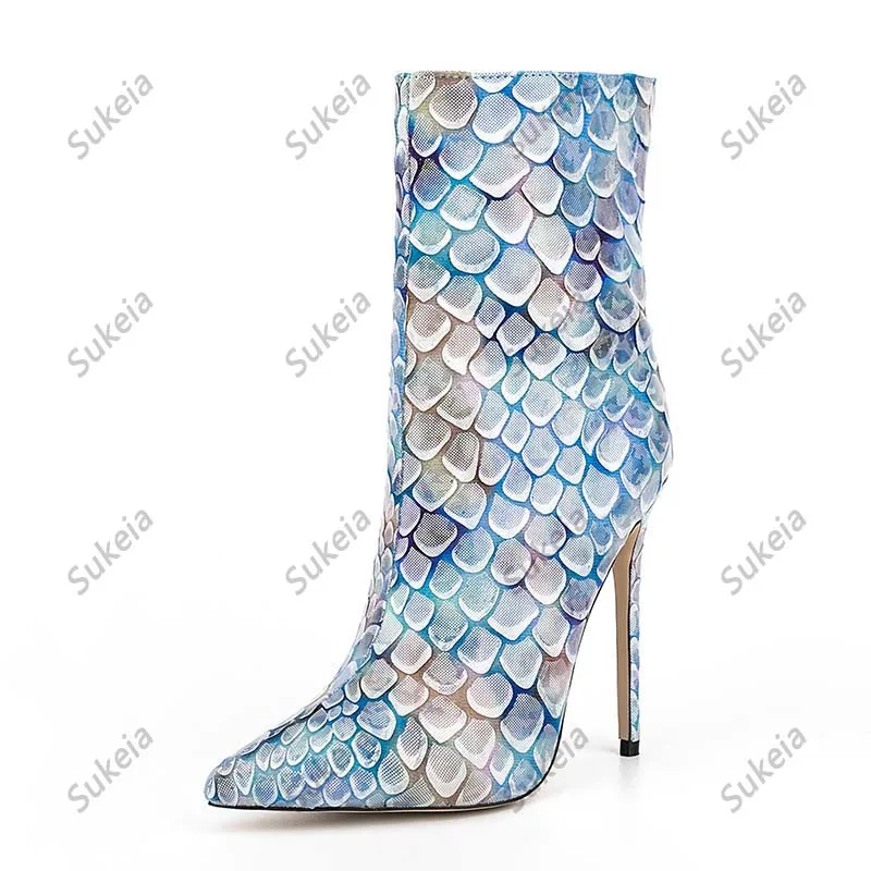 Sukeia Women Winter Ankle Boots Printed Fish Scale Pointed Toe Sexy Stiletto Heels Light Blue Party Shoes Ladies US Size 5-12