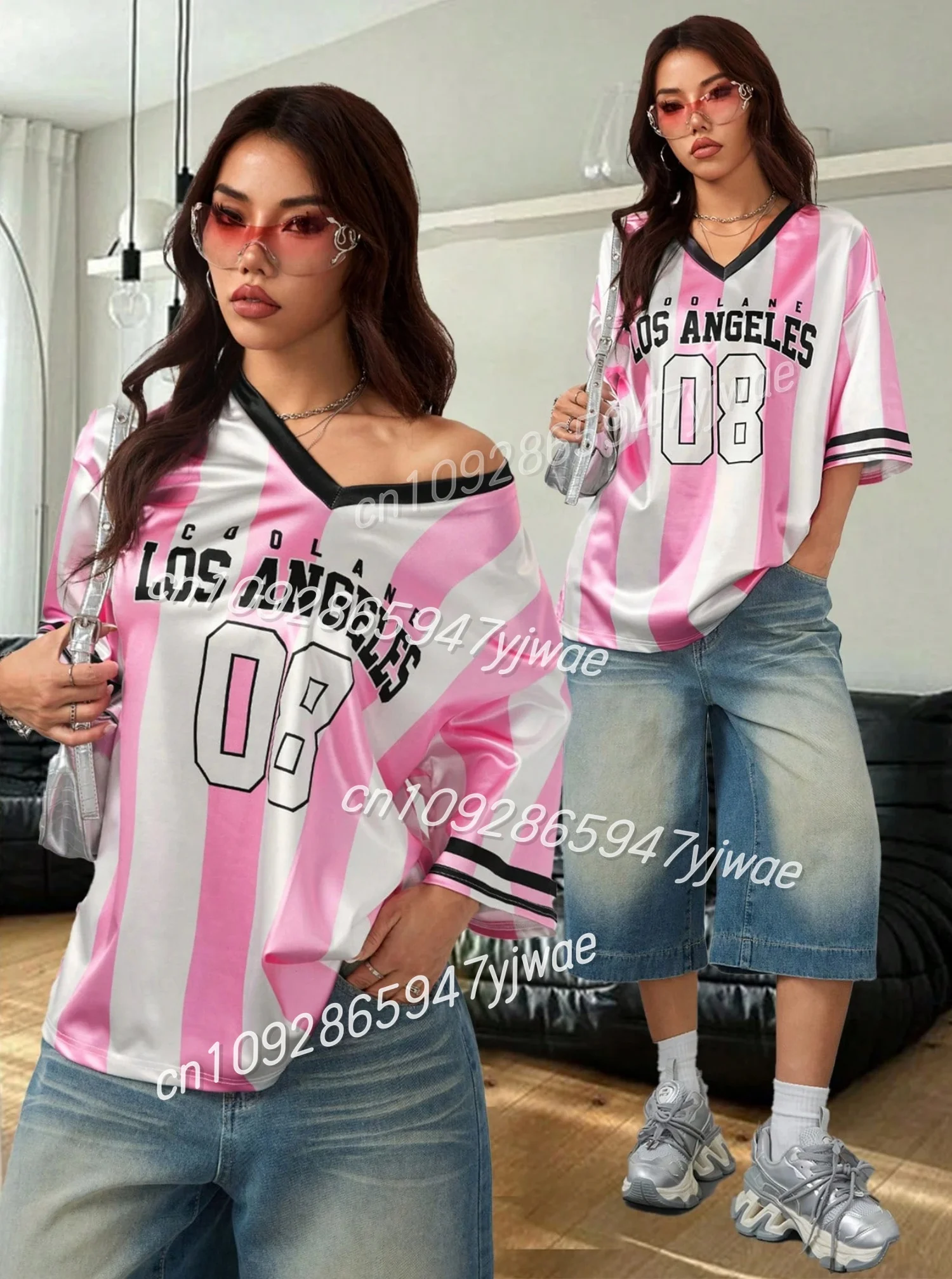 

2025 Women's Los Angeles Pink Stripe Print V-Neck T-Shirt Short Sleeve Oversized Baseball Jersey Summer Sport Tee