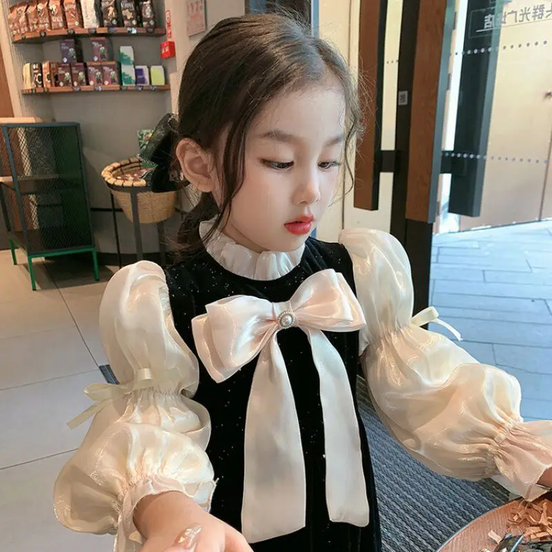 

Girls Long Sleeved Dress Hepburn Style Elegant Casual Loose and All-match Autumn Bow Bubble Sleeve Dress