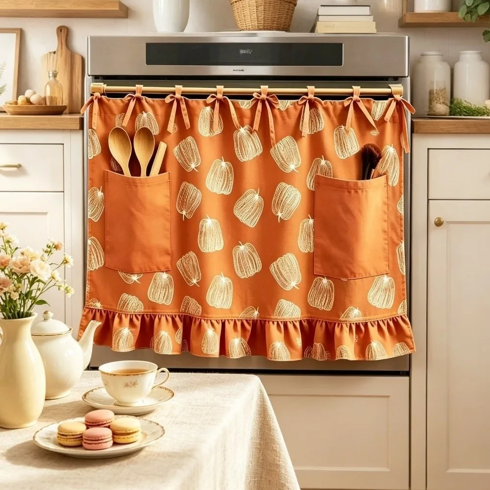 Pastoral Style Oven Skirt Curtain Checkered Decorative Tie Top Stove Cover Heat Resistant with Ruffle Trim
