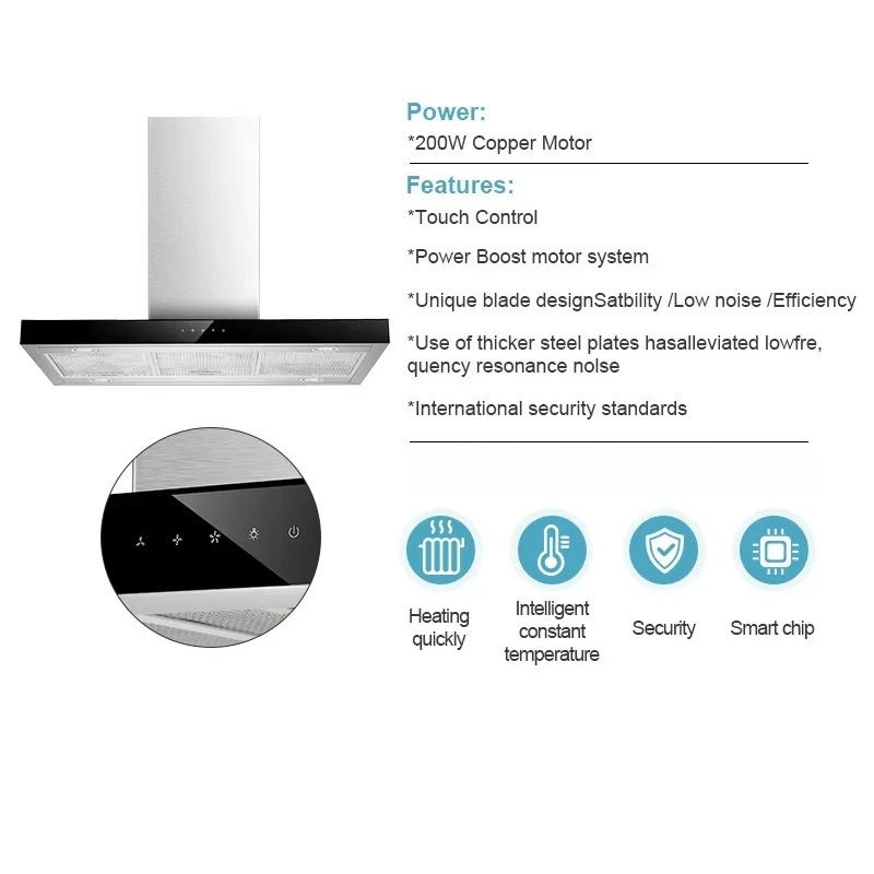 Island Modern T-Shape 900mm Kitchen Range Hood Ultra-Quiet Electric Operation Economical Tempered Glass Household 200W Copper