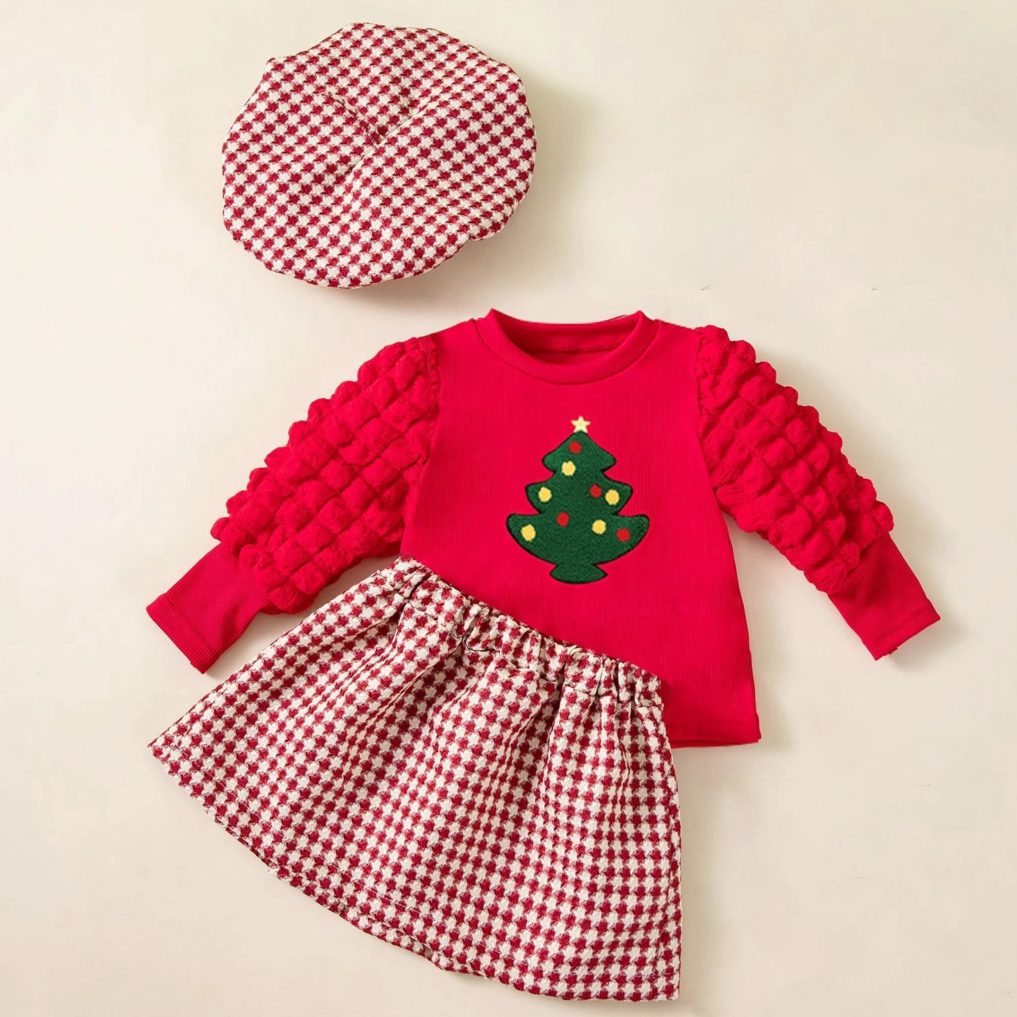 Sweet Baby Girl Christmas Outfit Puff Sleeves X'mas Tree Pattern T-shirt Plaid Skirt Beret Hat Toddler Girl Christmas Clothes