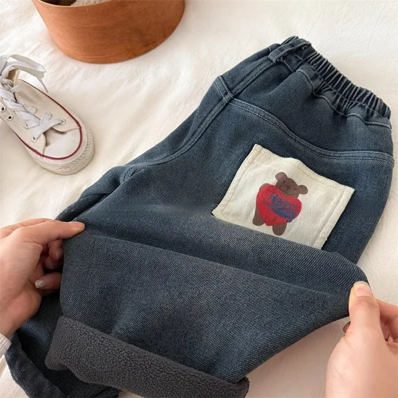 Children's trousers winter boys and girls cartoon bear fleece jeans baby integrated fleece casual straight-leg pants