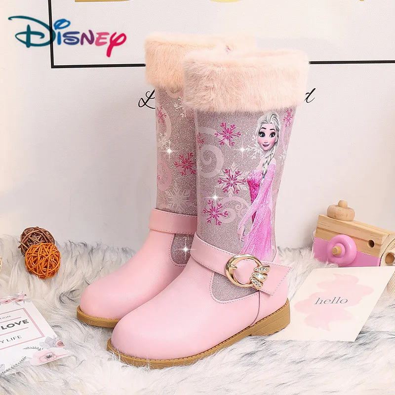 Disney Princess Elsa High Knee-length Boots Girls High-heeled Autumn Winter Warm Children Sequins Snow Shoes Frozen Boots