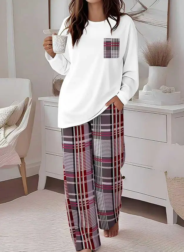 

Plaid Pocket Contrasting Top And Plaid Wide Leg Pants Home Suit Set Comfortable Casual Outfit for Women